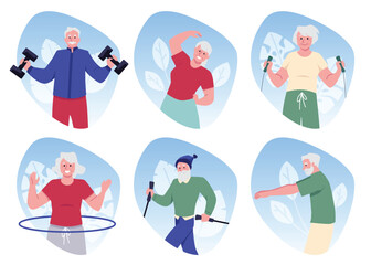 A set of vector icons focused on health promotion, depicting elderly people engaged in sports