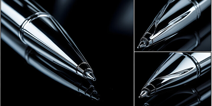 Renderiza&ccedil;&atilde;o 3D de uma caneta met&aacute;lica elegante em m&uacute;ltiplos &acirc;ngulos