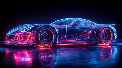 A fast moving sports car, very exaggerated motion, neon effects, lightning on the wheels, dark blue background