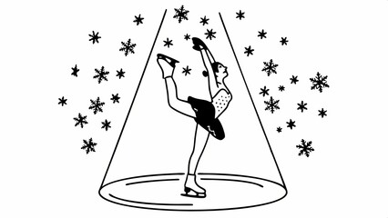 Naklejka premium Graceful ice skating silhouette with falling snowflakes in spotlight