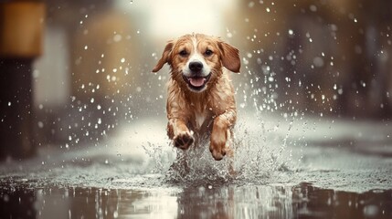Playful Dog Splashing in Puddle, A joyful canine leaps through a rain-filled puddle, droplets flying, embodying the carefree essence of a rainy day adventure.