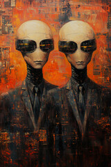 Futuristic Twins in Suits - Modern Oil Painting