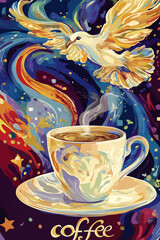 Ethereal Coffee with Flying Bird and Cosmic Swirls
