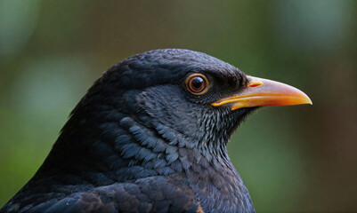 A black bird with a bright orange beak perches in a green forest