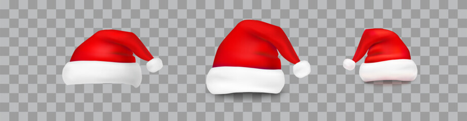 Christmas Santa Claus hat set isolated on transparent background. New Year red caps for video chat effects. Vector xmas selfie filter characters