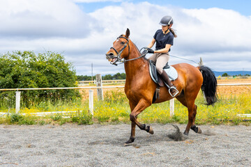 woman riding brown horse in outdoor arena