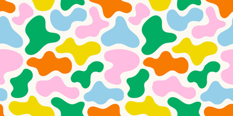 Cartoon kid seamless pattern with multicolor clouds. Liquid amoeba shaped forms. Colorful freeform blotches, organic shapes. Groovy childish abstract design for cover, poster, banner, label, wrapping.