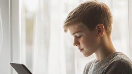 Person studying online with tablet young white man with short blonde hair bright room clean background  copy space