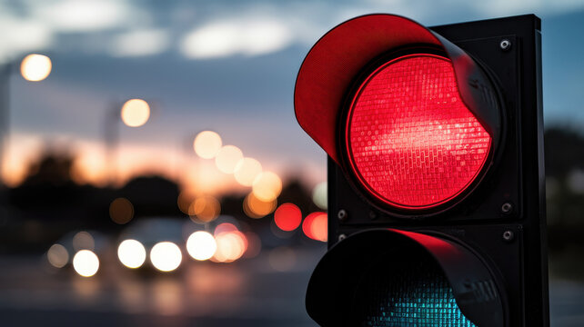 A close-up of a red traffic light against a blurred city street at dusk, signaling drivers to stop. The warm colors of the sunset create a dramatic backdrop.