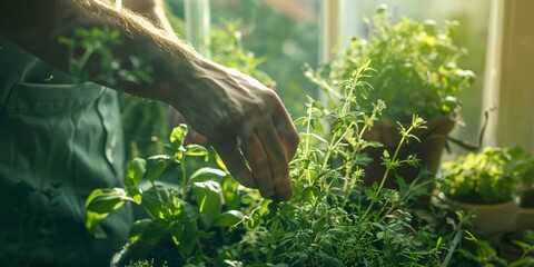 Obraz premium Easy Guide to Growing Herbs on Your Windowsill, Picking Fresh Herbs: A Simple Way to Enhance Your Cooking, Windowsill Herb Gardening: The Ultimate Beginner’s Guide