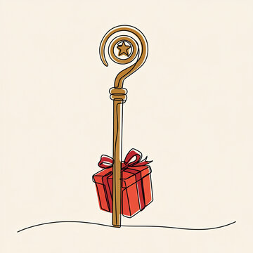 Illustration of saint nicholas' mitre christmas present hanging from top staff with gift box for st. nicholas day