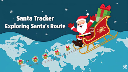 Santa Tracker map illustration with sleigh and gift route