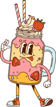 Naklejki Cartoon groovy milkshake dessert fast food character. Isolated vector retro drink personage in mason jar with whipped cream, straw and a strawberry on its top, wearing sneakers and gives a hippie sign