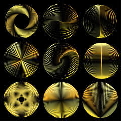 Swirl gold vector. Halftones, dots, abstract patterns. Collection of ring symbols. Vector illustration on a black background. © ArtEternal