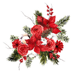 Obraz premium Floral Christmas bouquet with watercolor hand draw winter flowers, cotton, pine branch, berry and leaves, isolated on white background