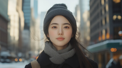 Fototapeta premium young Chinese woman walking in New York City street 