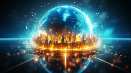 Futuristic planet hologram in global fintech innovation  a digital visualization of progress