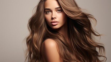 Naklejka premium Stunning portrait of a woman with wavy brunette hair and subtle makeup on a neutral backdrop