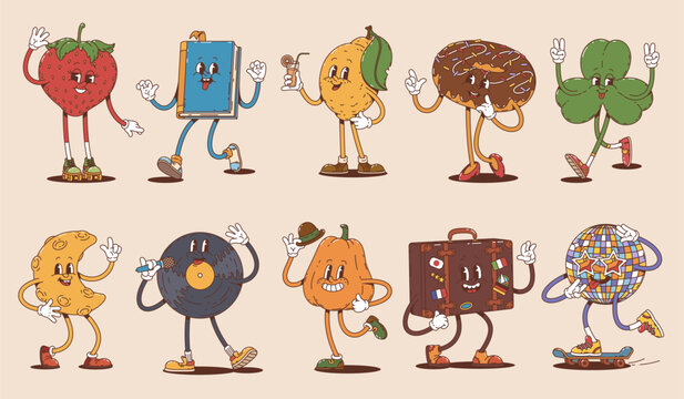 Cartoon retro groovy characters with happy faces. Funky personages of vector hippie disco ball, strawberry, lemon fruit and moon, vintage suitcase, vinyl record, donut, book, clover and pumpkin
