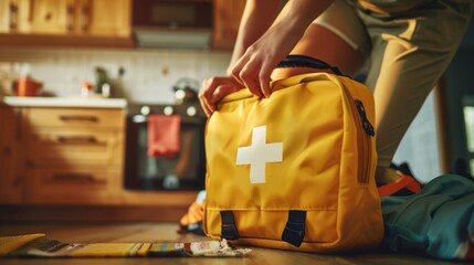 Hands work efficiently to organize an emergency kit with serious expressions, highlighting the importance of preparedness in daily life