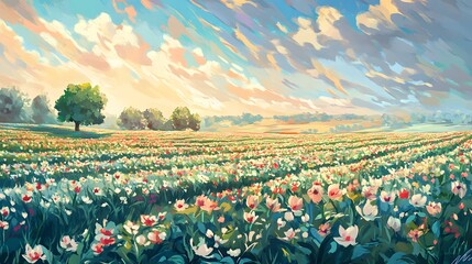 Gorgeous hand-drawn illustration depicting scenic mountains and farmlands
