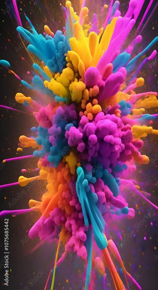 Poster explosion of bright colorful paint on black background burst of multicolored powder abstract pattern