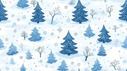 Fototapeta premium A blue Christmas tree pattern with snow on the ground and snowflakes on the trees and snowflakes on the ground