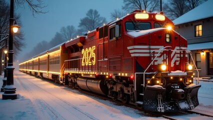 A red train with the inscription 2025 is driving along the snow-covered tracks