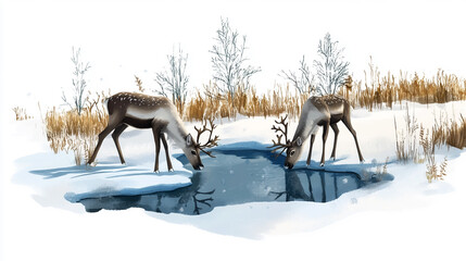 Two reindeer stand at a frozen pond in a snowy meadow, their antlers touching as they appear to meet peacefully in the quiet winter landscape.