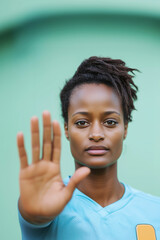 Black female athlete with a focused expression raises her hand in a gesture of solidarity, advocating for equality and against racial discrimination