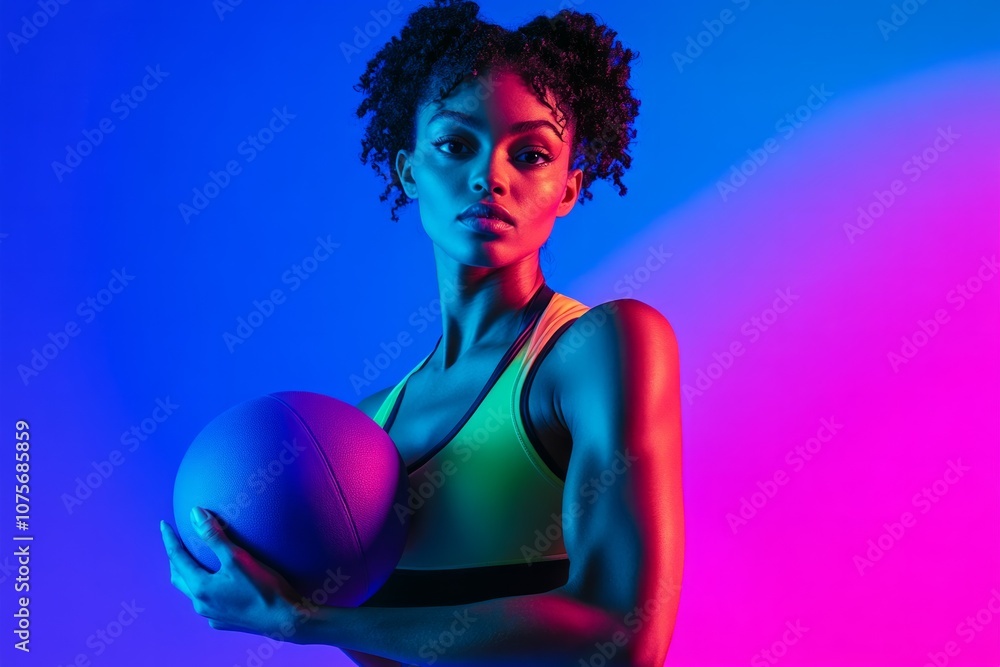 Wall mural Portrait of a fit woman in athletic wear holding a medicine ball neon background