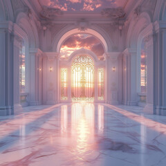 Luxurious Hallway with Marble Floors and Ornate Gate at Sunset, Serene Architectural Scene with Pink and Gold Accents and Reflections of Sunlight