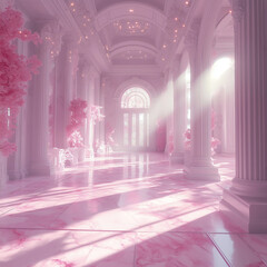 Luxurious Pink Hallway with Marble Floors and Sunlight Beams, Elegant and Dreamlike Scene with Soft Pink Hues and Ornate Details in a Serene Atmosphere