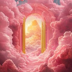 Majestic Golden Gate Surrounded by Pink Clouds and Sunlight, Dreamlike Entrance with Ornate Details in a Soft Pink and Gold Heaven Scene