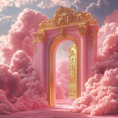 Golden Archway with Pink Columns Surrounded by Clouds, Elegant Fantasy Scene with Ornate Gold and Pink Architecture in a Surreal Heavenly Setting