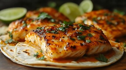 A plate of fish with lime and cilantro on top
