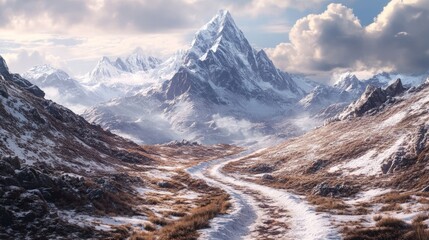 Snowy Himalayan Trekking Path, a winding trail meanders through pristine snow-covered landscape, surrounded by towering majestic peaks under a clear blue sky.