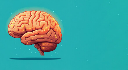 Illustration of human brain neural pathways on flat blue background with copy space