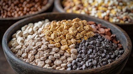 Fototapeta premium Spices and grains in rustic wooden bowls displayed at a vibrant market