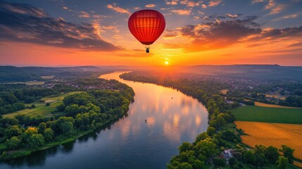 A single red hot air balloon flies over a winding river at sunset with the sun shining through the clouds.