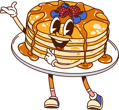 Cartoon stack of pancakes with syrup and berries groovy fast food character happily waving, adding a playful, sweet vibe to breakfast. Isolated vector charming and delightful retro pastry personage
