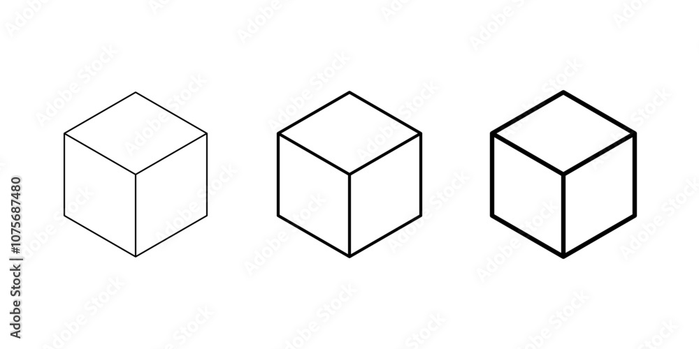Poster set of isometric wireframe cubes with various lineweights from thin to thick lines. vector image.