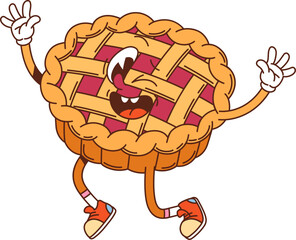Groovy fruit pie or cake winking funny character. Cafe dessert meal cheerful cartoon character, sweet food or holiday traditional pastry groovy cheerful mascot. Fruit pie dessert funny retro personage © Buch&Bee