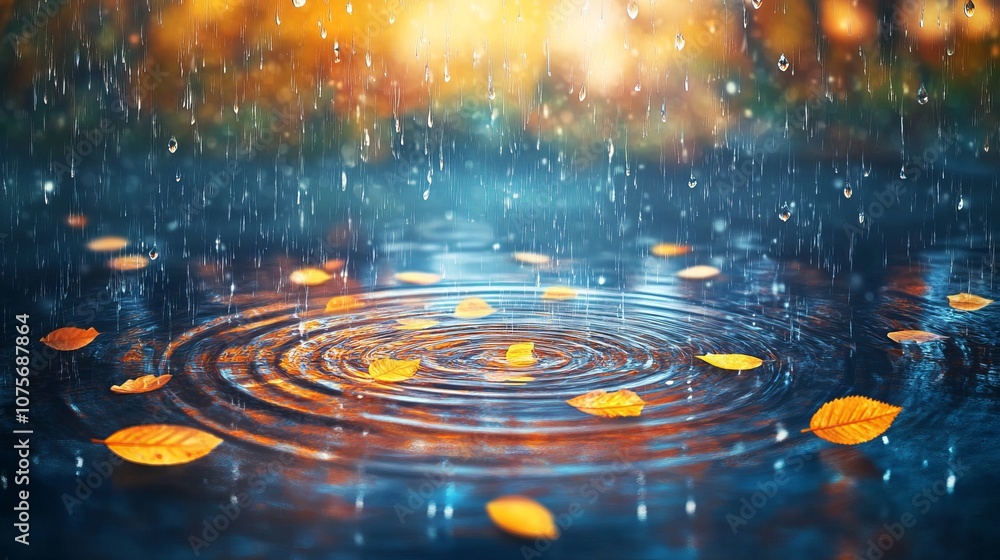 Poster a 3d depiction of heavy rain, with falling water droplets creating visible ripples as they hit the g