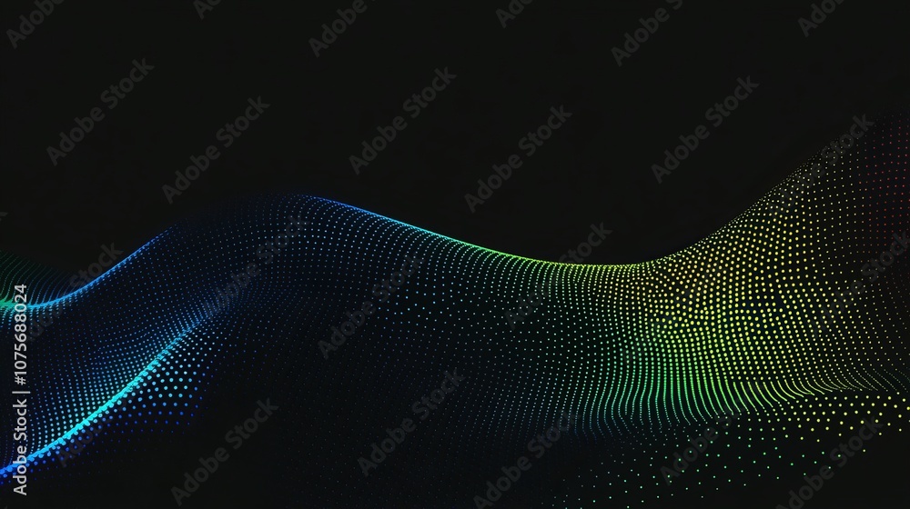 Poster a flowing wave pattern of dot particles forms a smooth, curving shape with a blue and green gradient