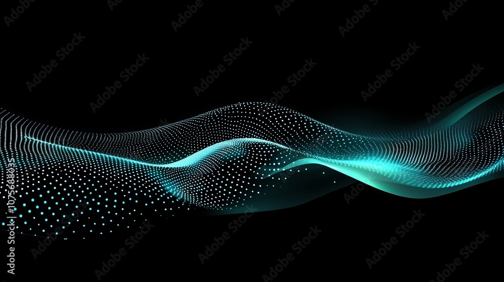 Poster a flowing wave pattern of dot particles forms a smooth, curving shape with a blue and green gradient