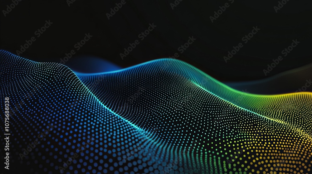 Poster a flowing wave pattern of dot particles forms a smooth, curving shape with a blue and green gradient