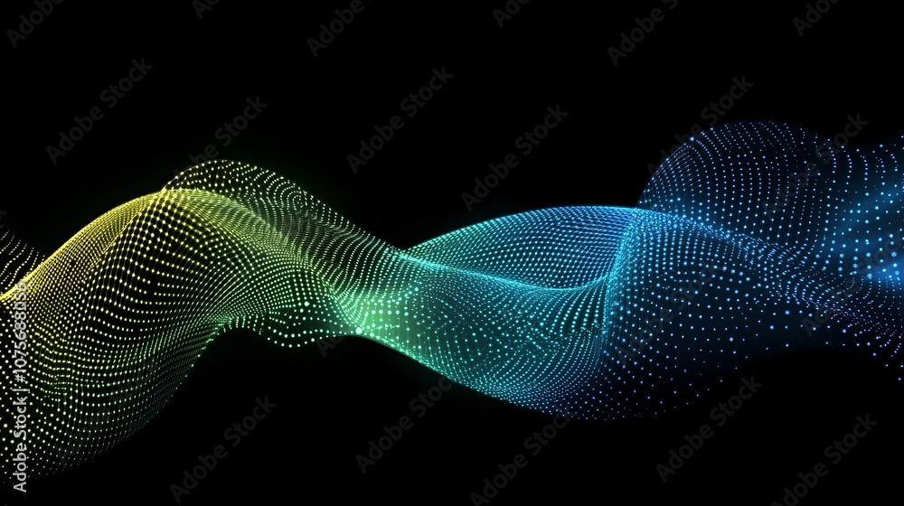 Poster a flowing wave pattern of dot particles forms a smooth, curving shape with a blue and green gradient