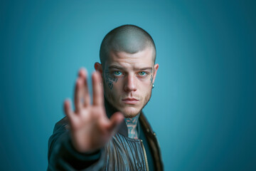 Young former inmate with tattoos, expressing frustration over social reintegration barriers. Serious expression, hand raised in a stop gesture. Leather jacket, blue background. Advocating for equality