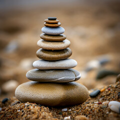 close up stacked stones in balance on sand in a beach blurred background balanced zen pebbles